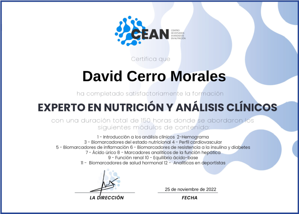 Certificado Cean habilitante como Experto en Nutrición y Análisis Clínicos